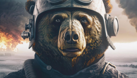 a bear that is a fighter pilot. A nuclear bomb exploding in the background.の素材