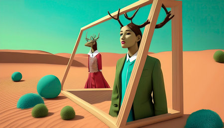 Deer concept and surreal scene. Digital illustration, manipulation.の素材