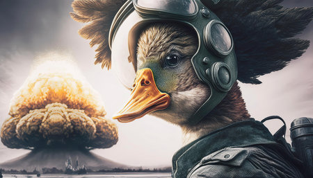 a duck that is a fighter pilot. a nuclear bomb exploding in the backgroundの素材