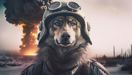 a wolf that is a fighter pilot. A nuclear bomb exploding in the background. digital illustration, manipulation.の素材