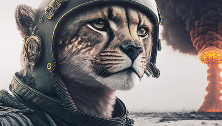 a cheetah that is a fighter pilot. a nuclear bomb exploding in the backgroundの素材