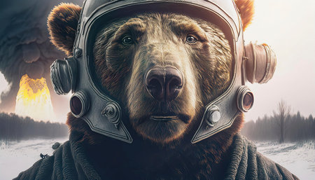 a bear that is a fighter pilot. A nuclear bomb exploding in the background.の素材