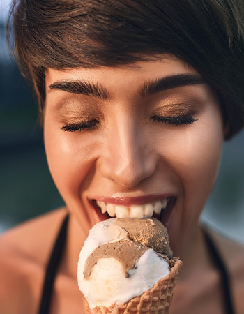 Young woman holding an ice creamの素材