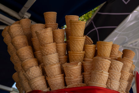 ice cream waffle cones in shopの写真素材