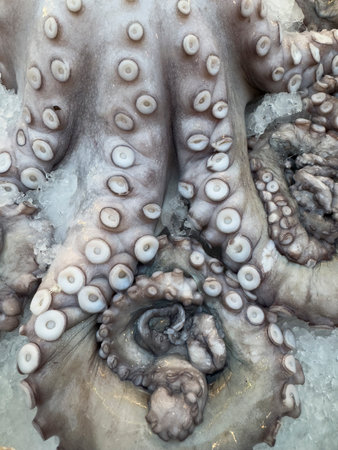 seafood stall with fresh octopusの写真素材