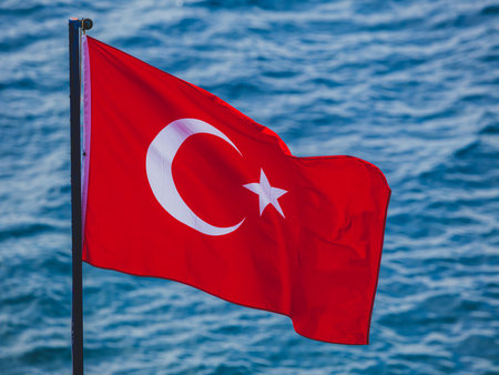 close-up of Turkish flag on seasideの写真素材