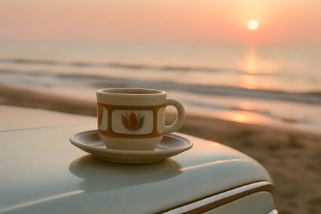 A vintage-style film photo of a pastel coffee cup resting on the hood of a classic car, with the beach and sunrise in the background. Grainy texture and warm tuning evoke nostalgiaの写真素材