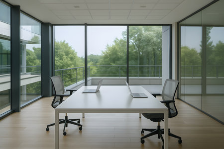 Bright modern office interior with glass walls and laptops on desks. Concept of technology, productivity, and contemporary workspace.の写真素材