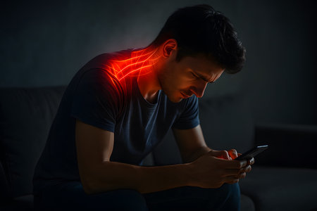 Photorealistic image of a young adult hunched over a smartphone with glowing red lines highlighting neck and shoulder stress.の写真素材