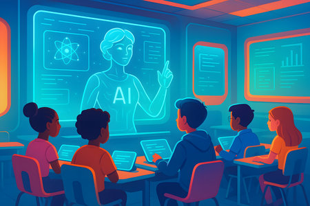 Photorealistic futuristic classroom with AI holographic teacher and students learning collaboratively. A representation of artificial intelligence shaping education.の写真素材