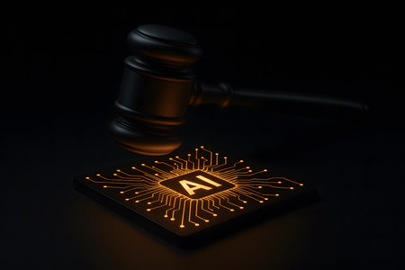 Conceptual minimalist scene of a gavel on an AI circuit board, symbolizing the ethical and legal challenges of artificial intelligence.の写真素材