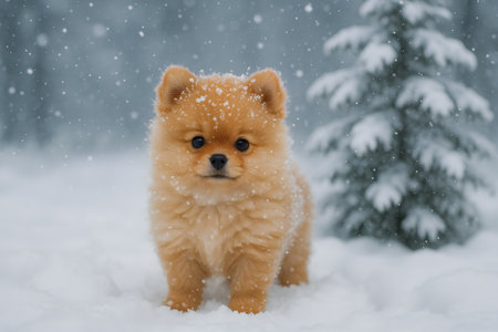 Charming fluffy pomeranian dog standing in snow with a snowy pine tree in the background. A photorealistic winter scene full of cuteness, ideal for holiday and lifestyle concepts.の写真素材
