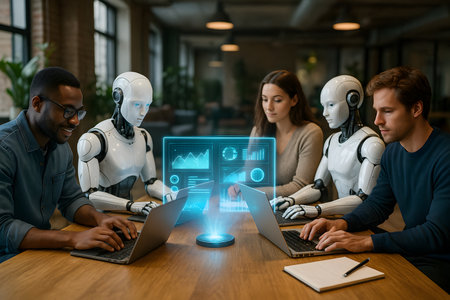 Photorealistic modern office with humans and AI robots collaborating on projects. A futuristic depiction of artificial intelligence transforming the workplace.の写真素材