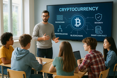 Photorealistic classroom scene of diverse teenagers studying cryptocurrency and blockchain with a...