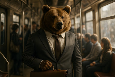 Ultra-realistic humorous image of bear in suit commuting on subway. A playful concept for lifestyle, business, and campaigns.の写真素材
