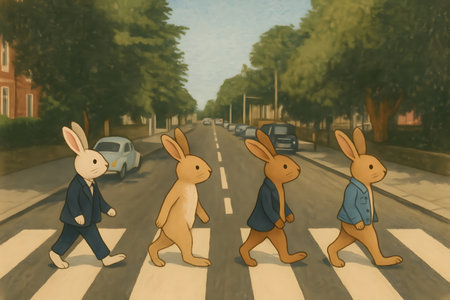 Creative illustration of four rabbits walking in a row across a crosswalk, parodying the iconic Abbey Road album cover by The Beatles. A humorous and artistic animal concept.の写真素材