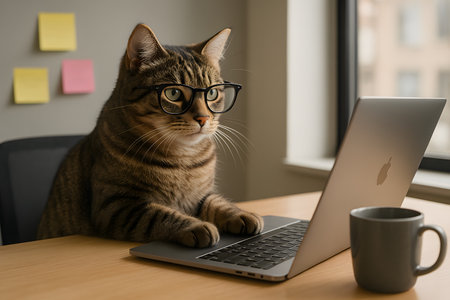 Ultra-realistic humorous image of a cat sitting at office desk with laptop and coffee. A playful concept ideal for campaigns, memes, and lifestyle marketing.の写真素材