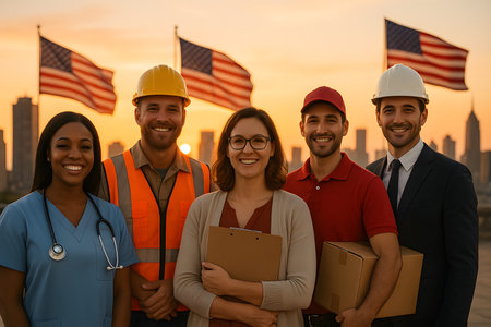 Photorealistic image of workers from different professions standing proudly together with city skyline at sunset.の写真素材