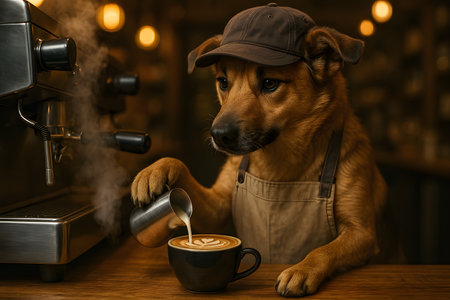 Ultra-realistic humorous scene of a dog dressed as barista preparing coffee in cafÃ©. A playful and creative concept for lifestyle, food, and marketing campaigns.の写真素材