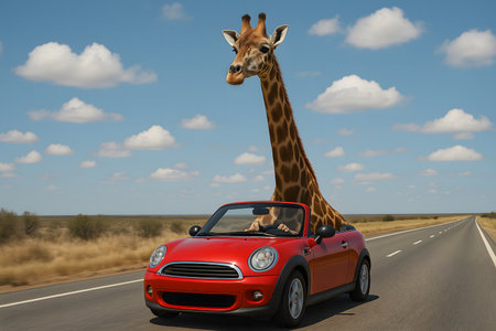 Ultra-realistic humorous image of giraffe driving convertible. A creative and surreal concept for lifestyle and travel campaigns.の写真素材