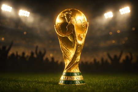 Photorealistic artistic image of glowing Foorball World Cup trophy symbolizing victory and celebration in world football. A powerful concept for sports campaignsの写真素材