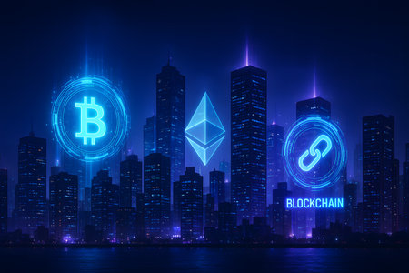 Cinematic futuristic city with skyscrapers glowing with holographic cryptocurrency icons. A symbolic representation of how blockchain and digital finance shape the future of societyの写真素材