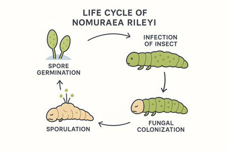 Educational infographic illustrating the complete life cycle of Nomuraea rileyi, from spore...