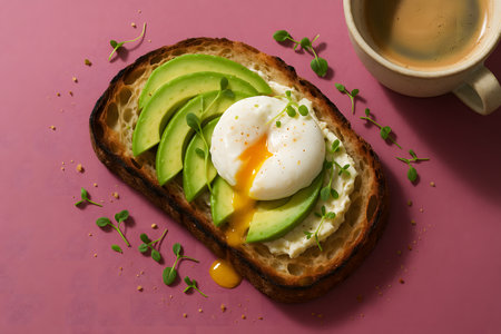 Photorealistic breakfast flat-lay featuring sourdough toast topped with avocado and poached egg, styled with microgreens and morning light. Imperfect, vibrant, and inviting.の写真素材