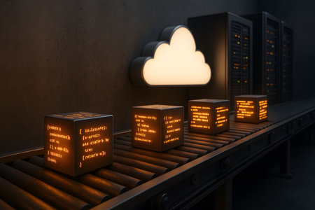 Photorealistic metaphor of glowing code blocks moving on a conveyor belt towards servers and cloud....