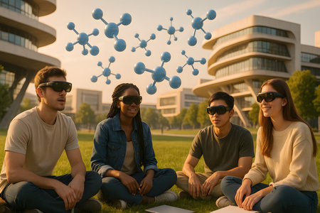 Photorealistic futuristic concept of students using AR glasses in open air campus. A modern educational vision blending nature and technology.の写真素材