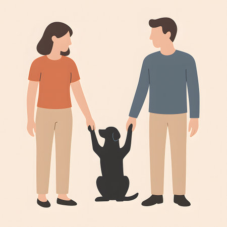 Minimalist vector illustration of a couple holding hands with a dog in the center. A symbolic representation of pets as children.の写真素材