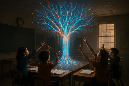 Artistic photorealistic concept of digital tree as metaphor for education and technology. Symbolic futuristic classroom illustration.の写真素材