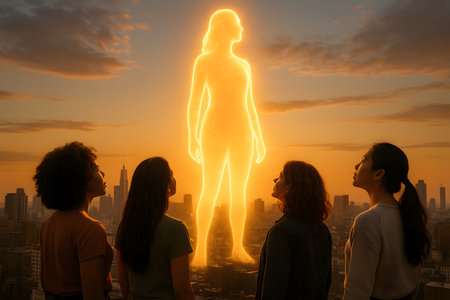 Photorealistic surreal image of giant glowing woman silhouette above city. Symbolic metaphor of empowerment and inspiration.の写真素材