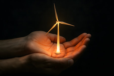 Photorealistic surreal hands holding glowing wind turbine. Symbolic clean energy concept.の写真素材