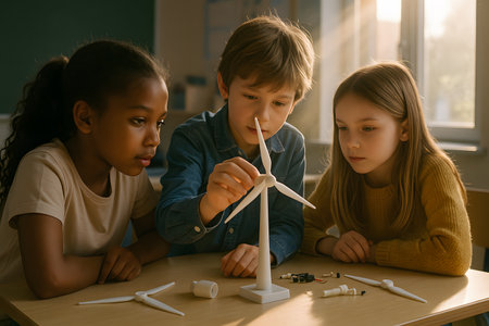 Photorealistic editorial image of children with wind turbine model. Symbolic concept of renewable energy education.の写真素材