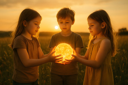 Photorealistic surreal children holding glowing sun. Symbolic renewable energy for future generations.の写真素材