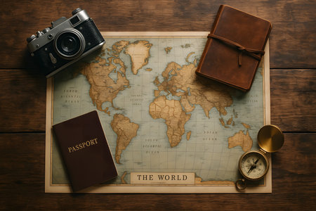 Flat lay of vintage map with passport, notebook and camera, symbolizing authentic travel planning...