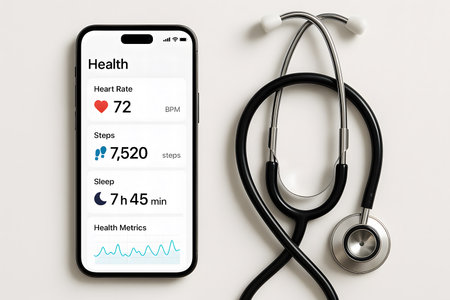 Modern smartphone with health app beside stethoscope on white background. Symbol of digital health, telemedicine, and medical technology innovation.の写真素材