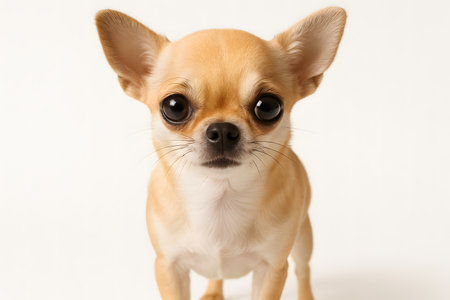 Studio portrait of a Chihuahua standing on white background with sharp details and professional lighting.の写真素材