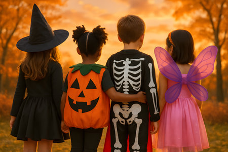 Even group of children wearing creative Halloween costumes. No faces shown, only outfits and festive spirit. Ideal for seasonal campaigns, family content, and holiday marketingの写真素材