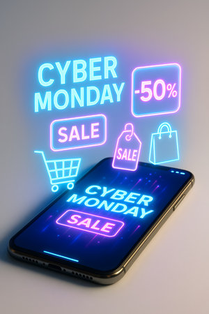 Photorealistic smartphone with glowing holographic Cyber Monday discount tags floating above the screen in neon lights.の写真素材