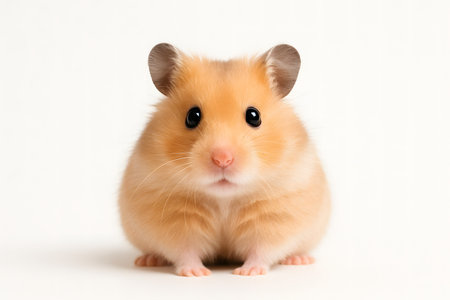 Studio portrait of a golden hamster sitting on white background with detailed fur and professional lighting.の写真素材