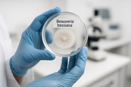 Scientist in laboratory holding a Petri dish labeled Beauveria bassiana under bright sterile light.
