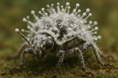 Macro photo showing an insect covered by Beauveria bassiana white fungal growth, used as biological pest control.の写真素材