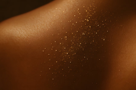 Macro image of golden light on skin texture with minimal abstract composition.の写真素材