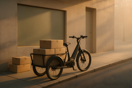 Stylish early-morning scene of a sleek electric cargo bike parked near a minimalist city storefront, with warm sunlight, long shadows, and a sustainable lifestyle aesthetic.の写真素材