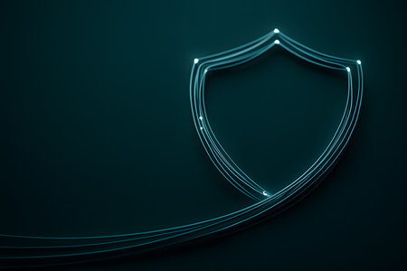 Abstract close-up of luminous fiber-optic strands forming a shield shape on a dark surface, concept image representing cybersecurity, connectivity, and digital protection technologyの写真素材