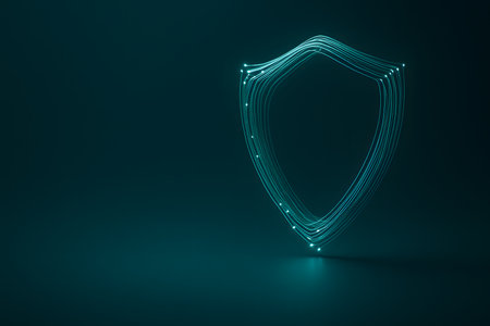 Abstract close-up of luminous fiber-optic strands forming a shield shape on a dark surface, concept image representing cybersecurity, connectivity, and digital protection technologyの写真素材