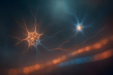 Conceptual image showing neural light structures forming abstract organic patterns that symbolize artificial intelligence, creativity, and human connection with technology.の写真素材