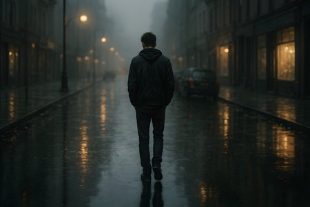Man Walking on Wet Street after Rain â Cinematic Mood - Atmospheric street photography of a man walking on a wet street after rain, illuminated by reflections and soft light.の写真素材